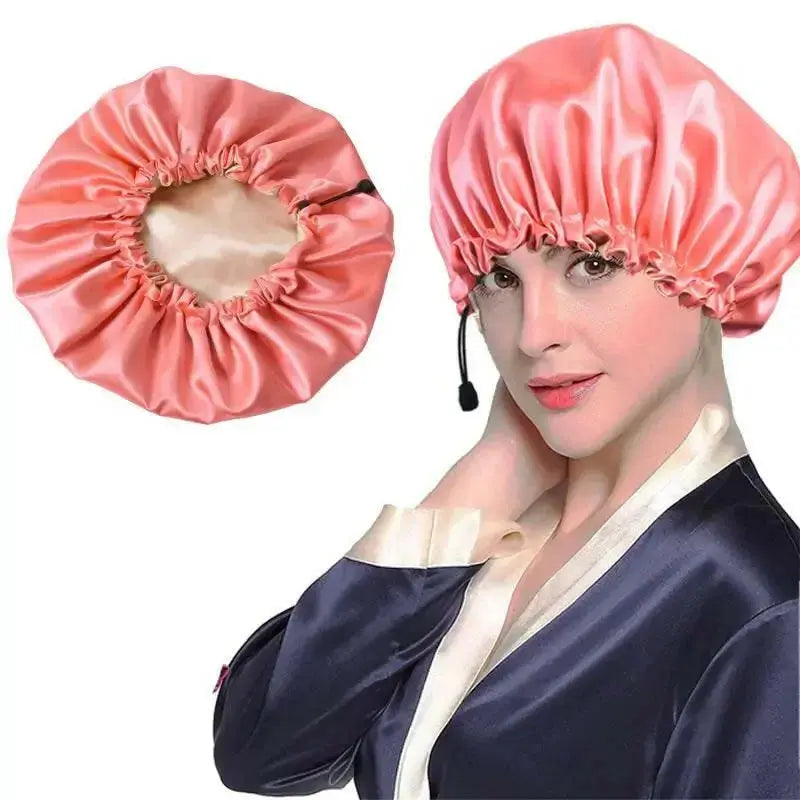 Soft silk satin luxury hair bonnet and shower cap by Plush Fashion Hub, dual-use scalp protection for bath and chemotherapy.