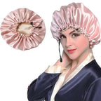 Plush Fashion Hub luxury silk satin hair bonnet and shower cap, soft dual-use scalp protection for hair care and chemotherapy.