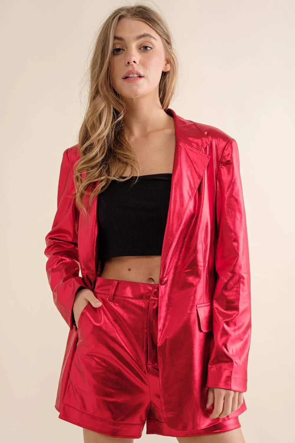 Sleek Metallic Red Blazer Set Pretty Little Patriot