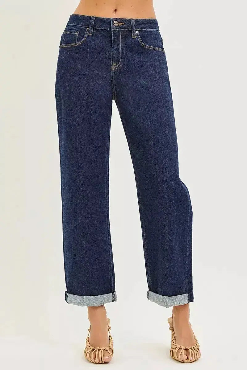 Light blue slouchy cropped boyfriend jeans with cuffed hems from Trendsi, featuring a relaxed fit and distressed detailing.