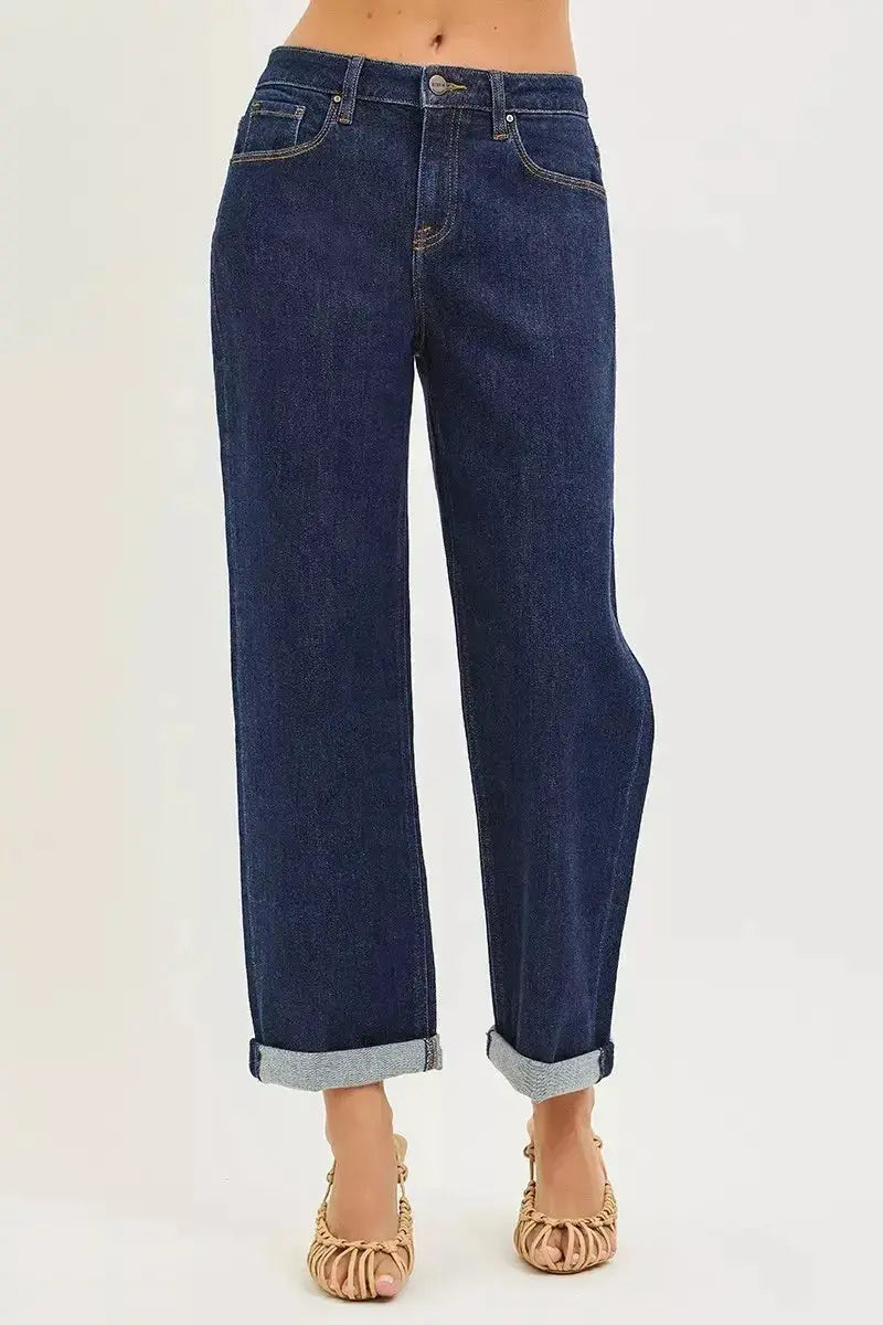 Light blue slouchy cropped boyfriend jeans with cuffed hem from Trendsi, featuring a relaxed fit and distressed details.
