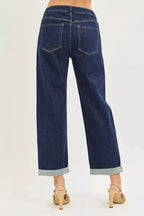 Light blue slouchy cropped boyfriend jeans with cuffed hem, casual denim from Trendsi for a relaxed, trendy look.