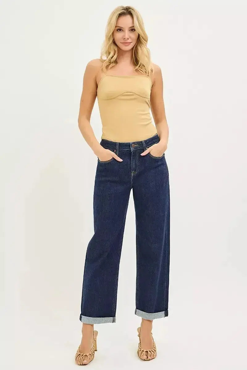 Light blue slouchy cropped boyfriend jeans with cuffed hem and relaxed fit, styled by Trendsi for a casual, trendy look.