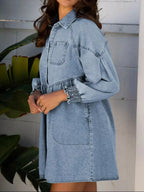 Smocked cuff flared denim shirt mini dress by Trendsi, casual button-down jean dress with fitted waist and flared hem.