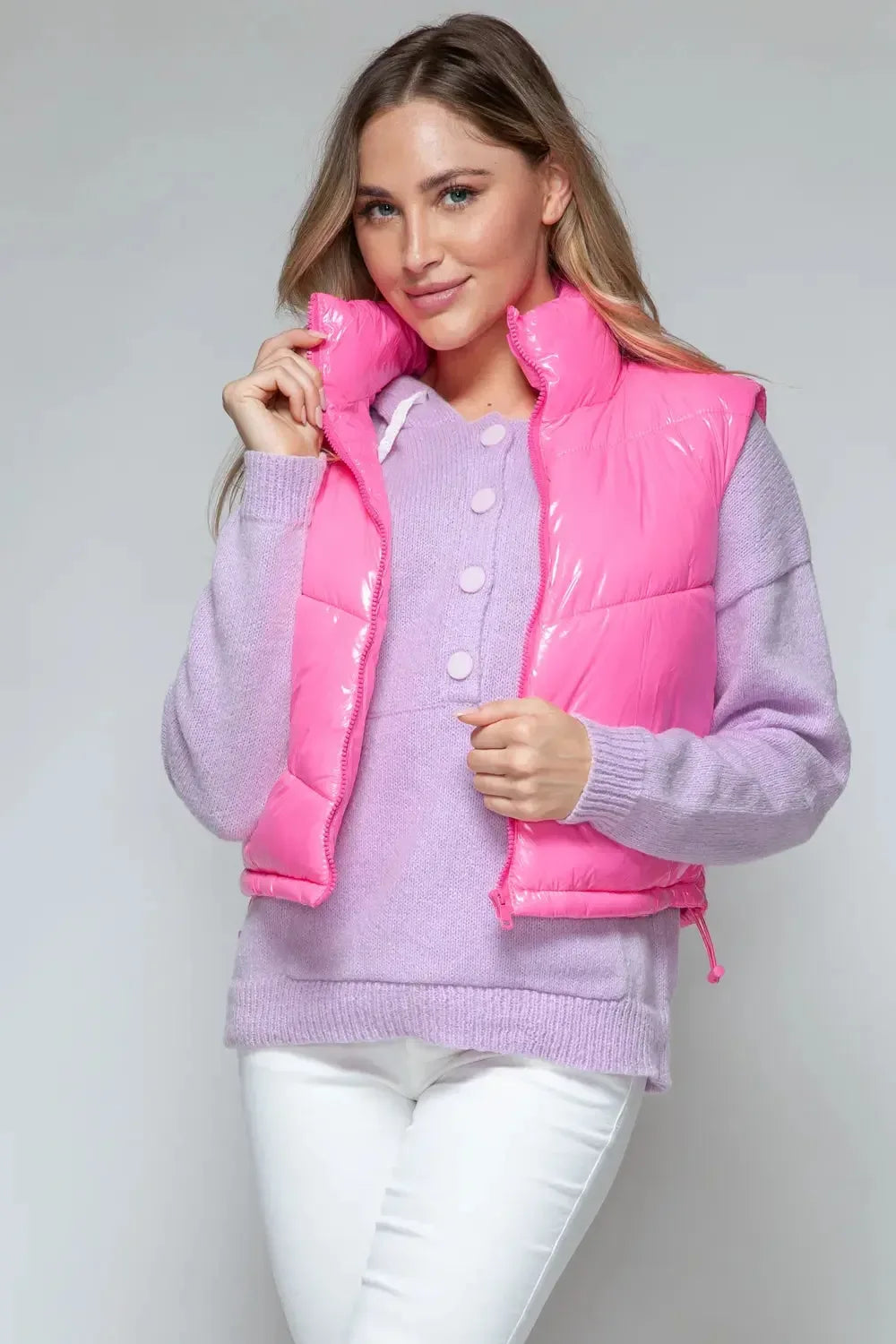Snobbish Zip Up Turtleneck Shiny Quilted Vest - Plush Fashion Hub