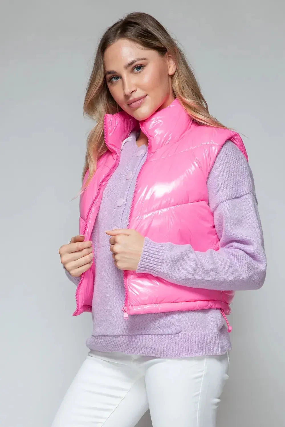 Snobbish Zip Up Turtleneck Shiny Quilted Vest - Plush Fashion Hub