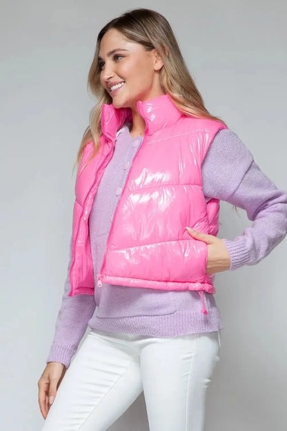 Snobbish Zip Up Turtleneck Shiny Quilted Vest - Plush Fashion Hub