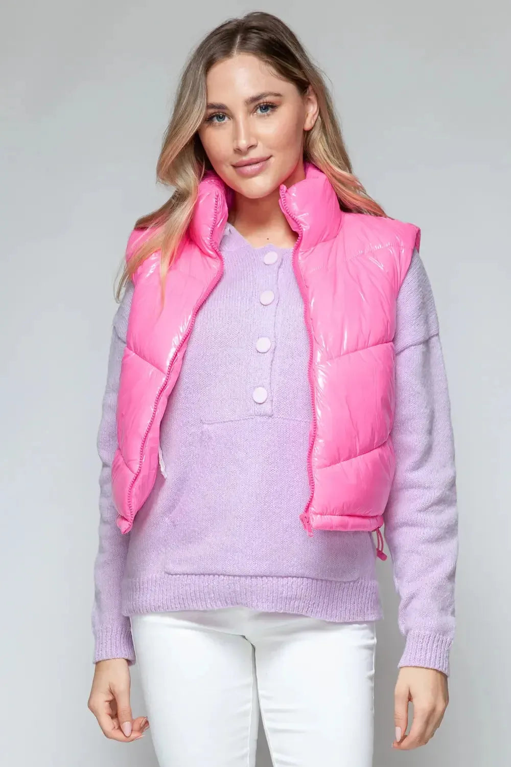 Snobbish Zip Up Turtleneck Shiny Quilted Vest - Plush Fashion Hub