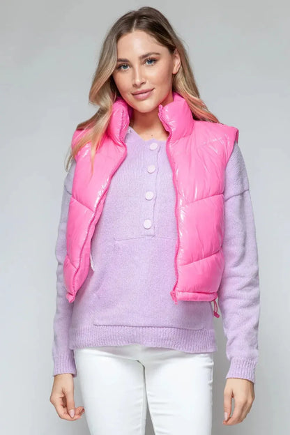 Snobbish Zip Up Turtleneck Shiny Quilted Vest - Plush Fashion Hub