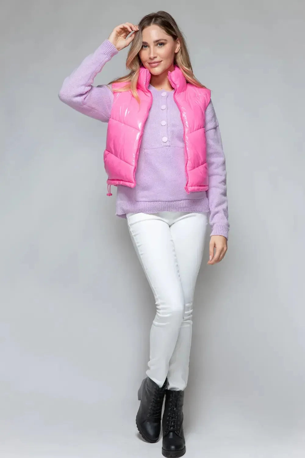 Snobbish Zip Up Turtleneck Shiny Quilted Vest - Plush Fashion Hub