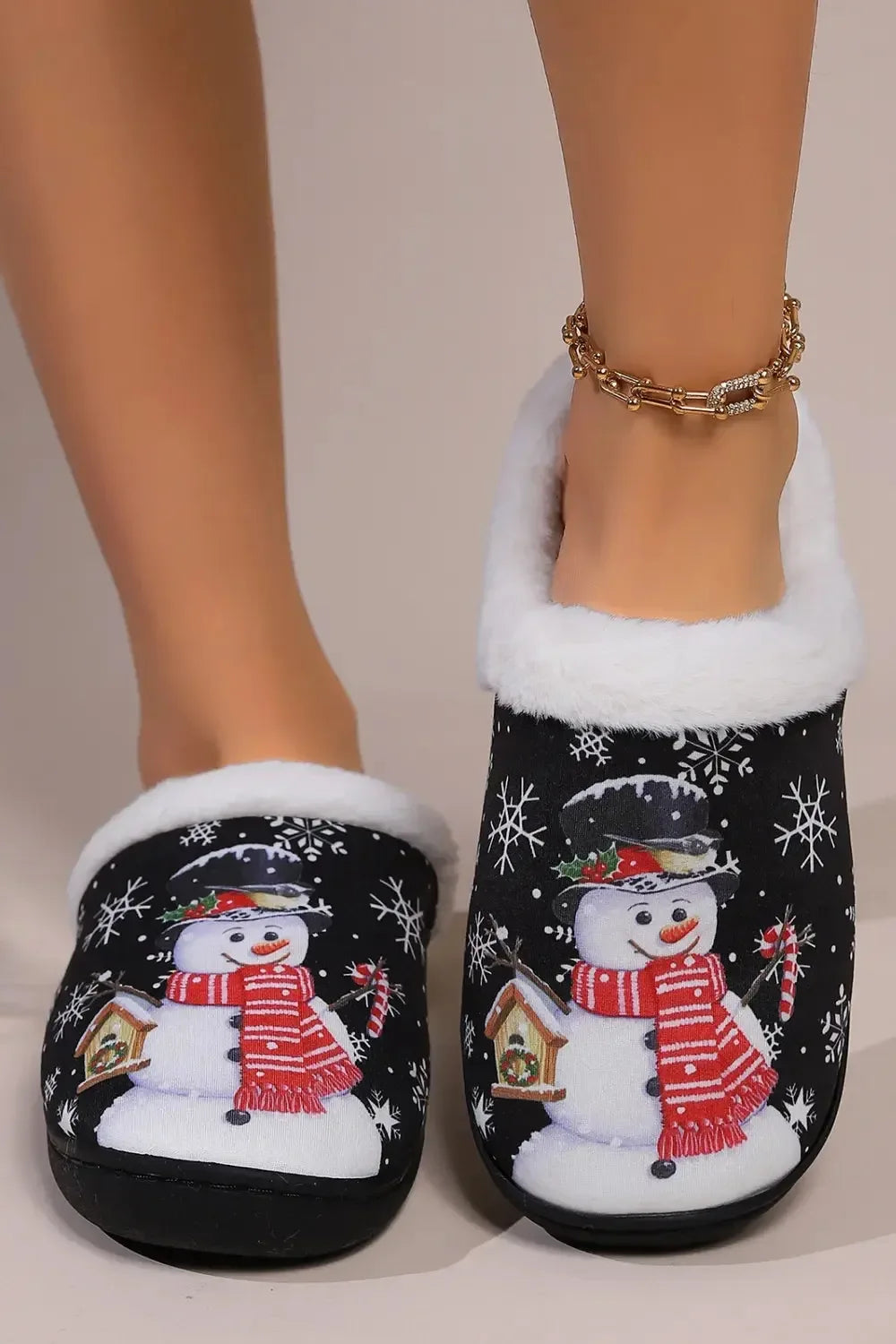 Snowman Round Toe Faux Fur Slippers - Plush Fashion Hub