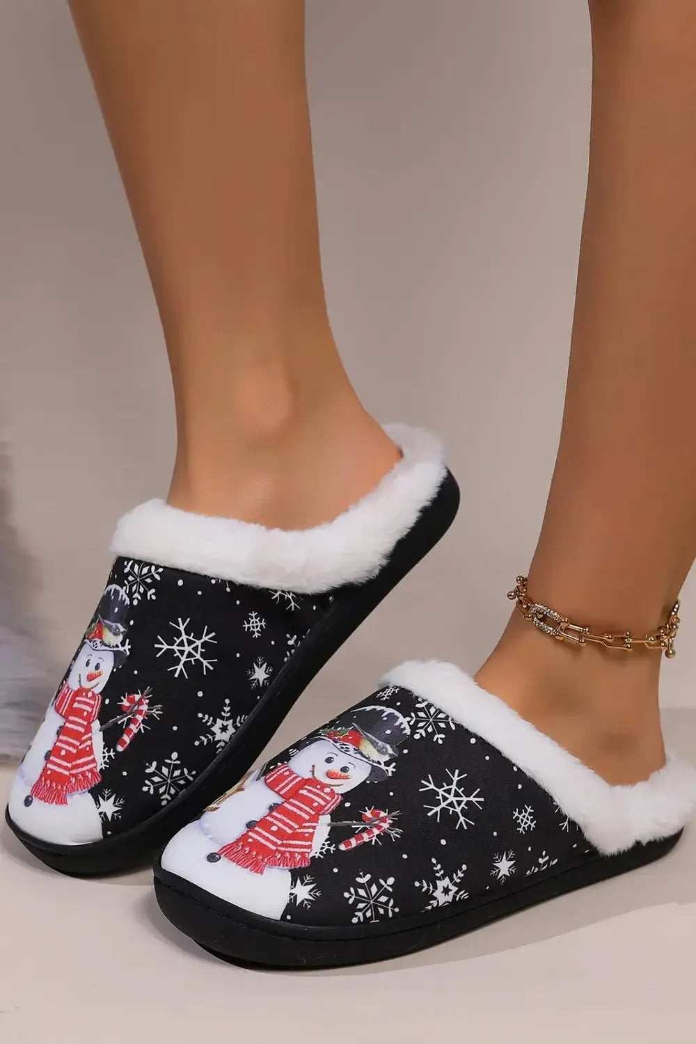 Snowman Round Toe Faux Fur Slippers - Plush Fashion Hub