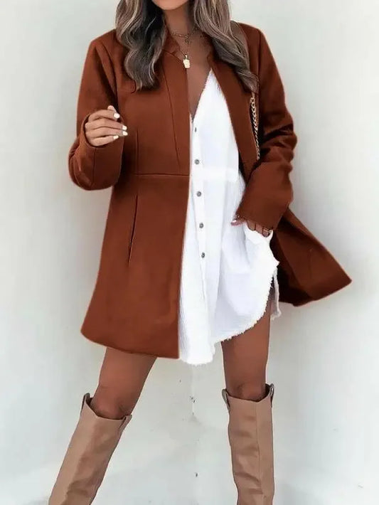 Solid Color Long Sleeve Pocket Woolen Women's Coat - Plush Fashion Hub