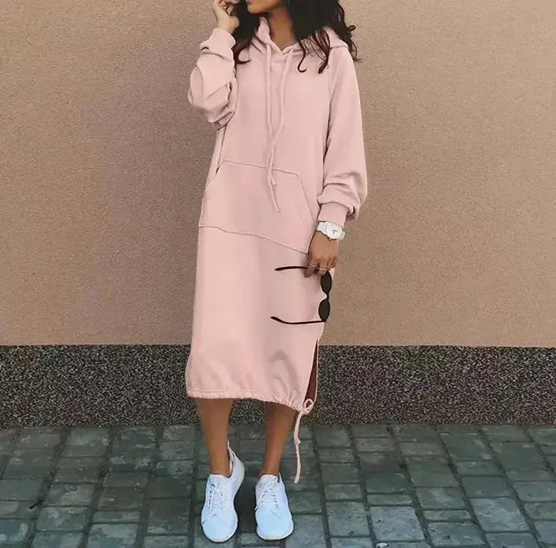 Women's long sleeve hooded sweatshirt from Plush Fashion Hub, solid color, oversized pullover with drawstring hood and comfy fit.