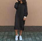 Women's long sleeve hooded sweatshirt from Plush Fashion Hub, solid color, oversized pullover with drawstring hood and comfy fit.