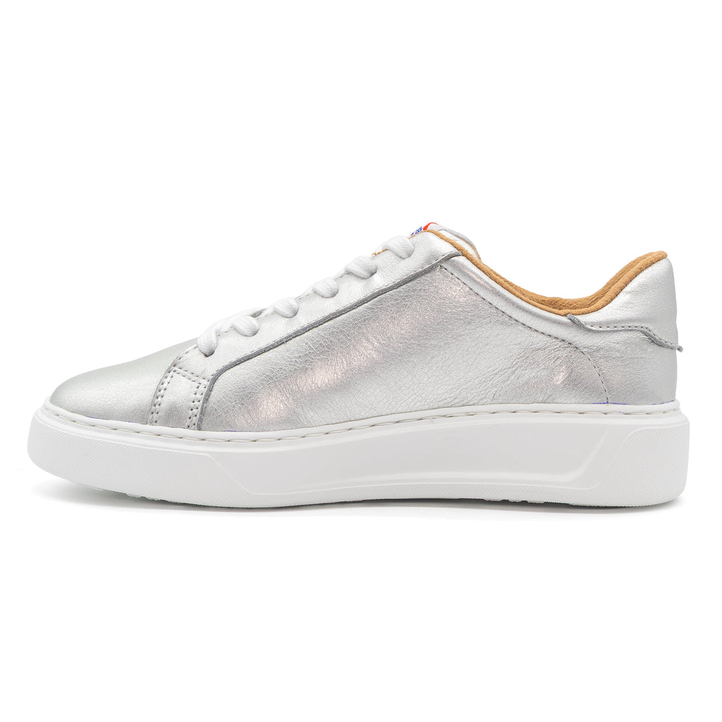 Silver metallic women's lowtop sneaker from BLKSWN Footwear with a solid design and low-profile style.