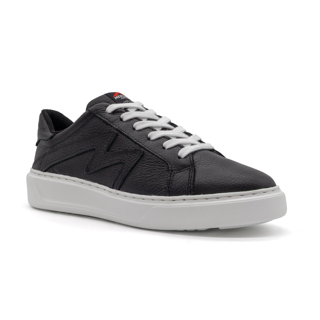 Black BLKSWN Footwear lowtop sneaker with solid black design, shown from an angled side view.