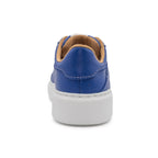 Blue BLKSWN Footwear lowtop sneaker with solid color design, viewed from the back.