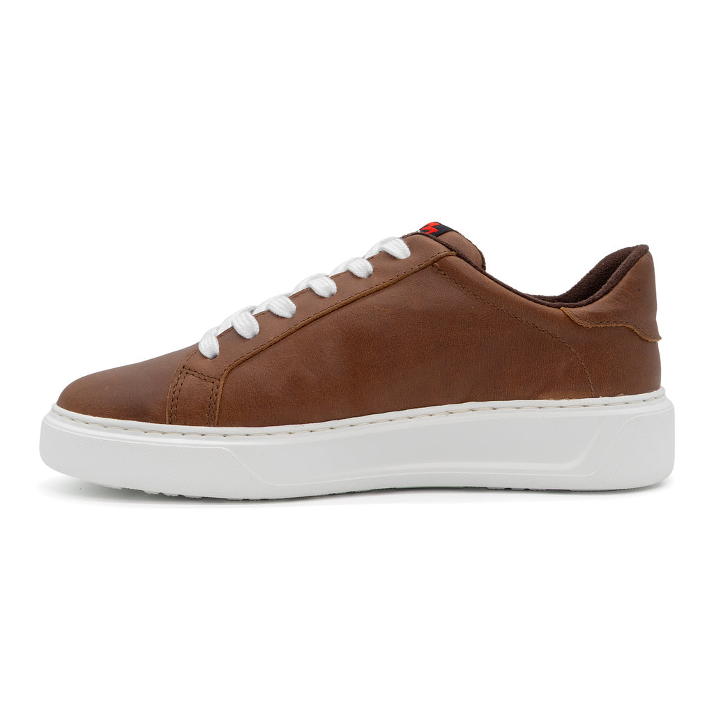 Brown BLKSWN Footwear 601 Solid lowtop sneaker, left shoe view with brown leather upper and white sole.