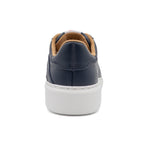 Navy blue BLKSWN Footwear 601 Solid lowtop sneakers shown from the back view, showcasing the solid navy design and low-cut style.