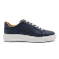 Navy blue BLKSWN Footwear lowtop sneaker with solid color design, right shoe displayed against a neutral background.