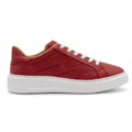 Red BLKSWN Footwear lowtop sneaker with solid color design, viewed from the right side.
