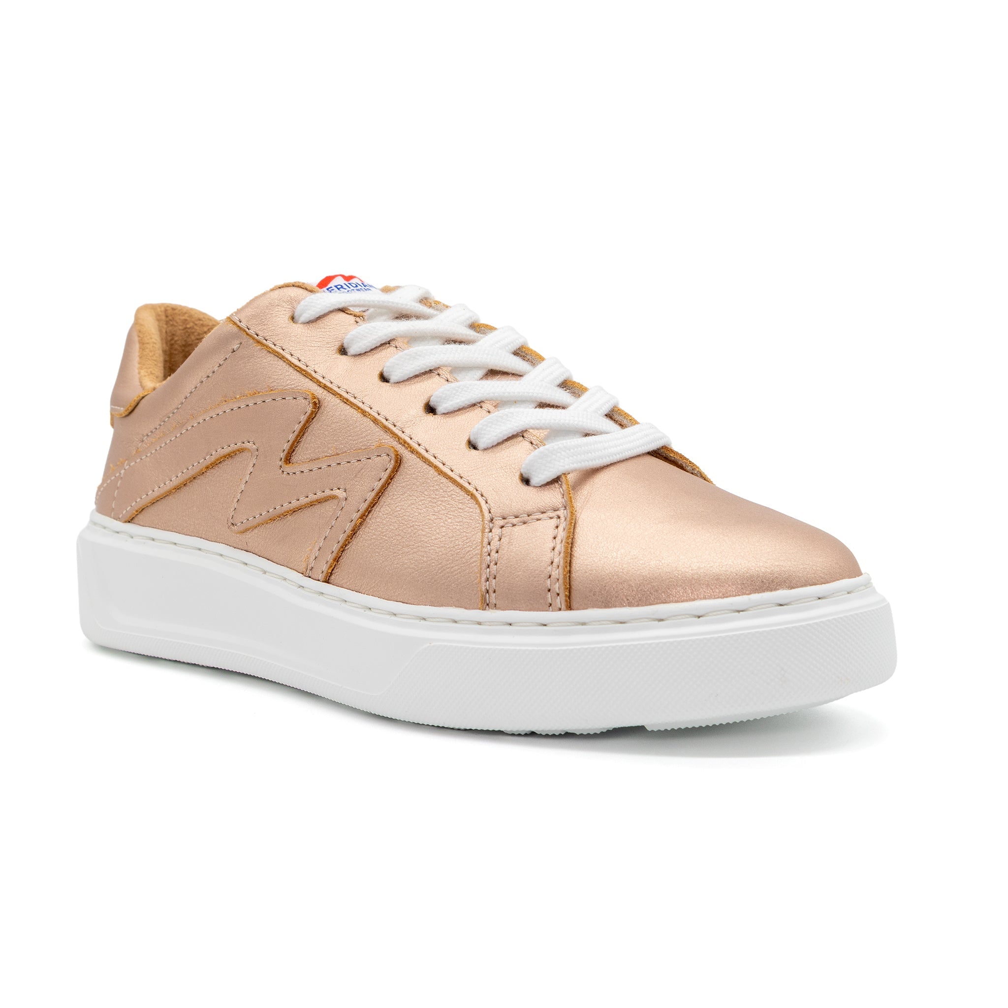 Women's BLKSWN Footwear Solid Metallic Rose Gold low-top sneakers shown from an angled view.