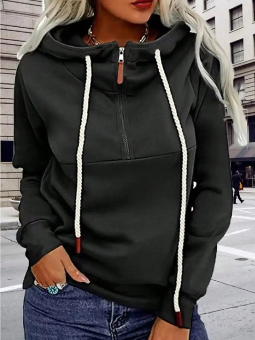Modern split collar zip-up hoodie sweatshirt for women by Plush Fashion Hub, featuring a stylish design and comfortable fit.