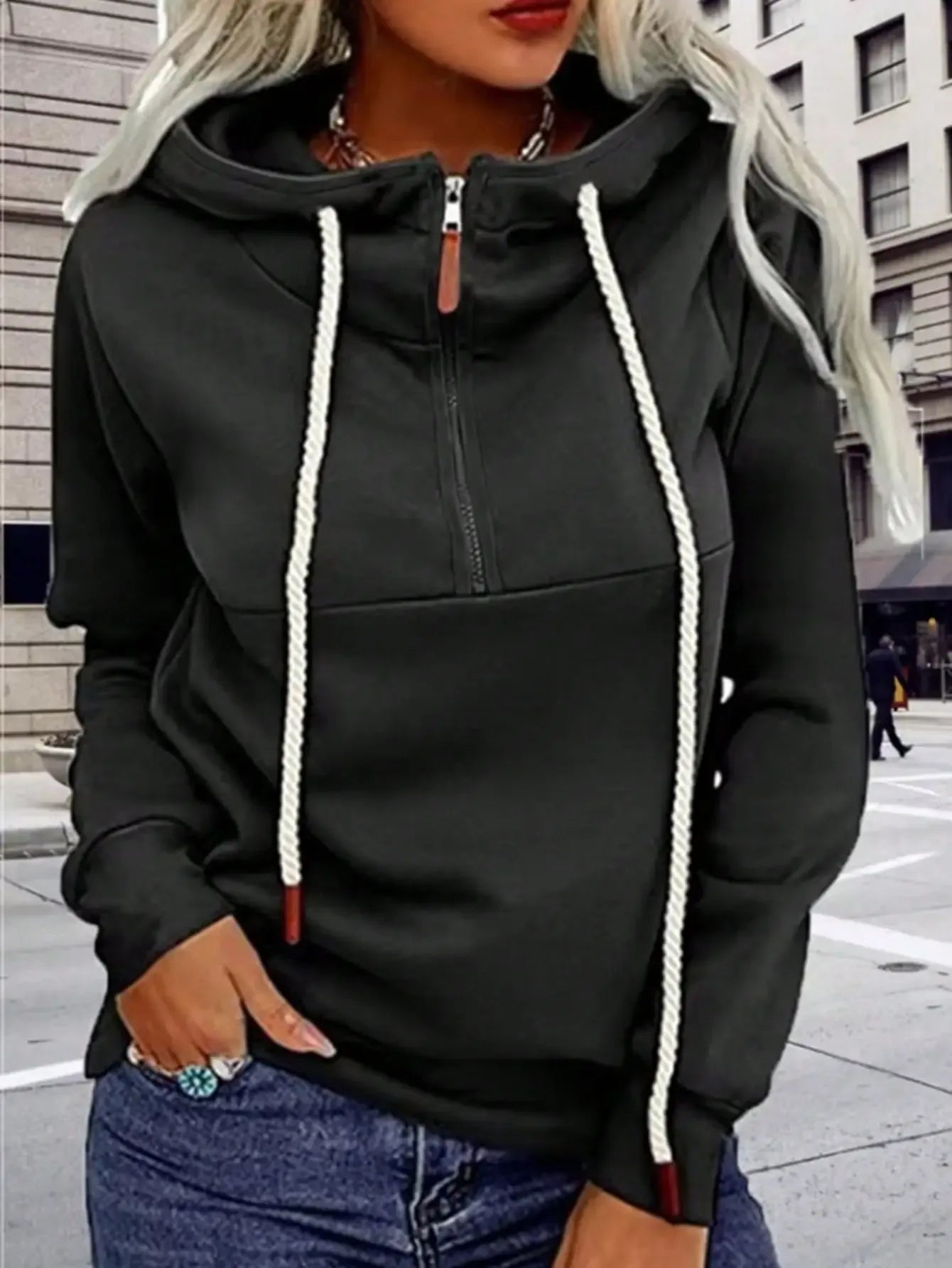 Split Collar Zip-Up Hoodie Sweatshirt - Plush Fashion Hub