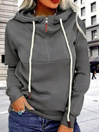 Modern split collar zip-up hoodie sweatshirt for women by Plush Fashion Hub, featuring a stylish split collar design and comfortable fit.