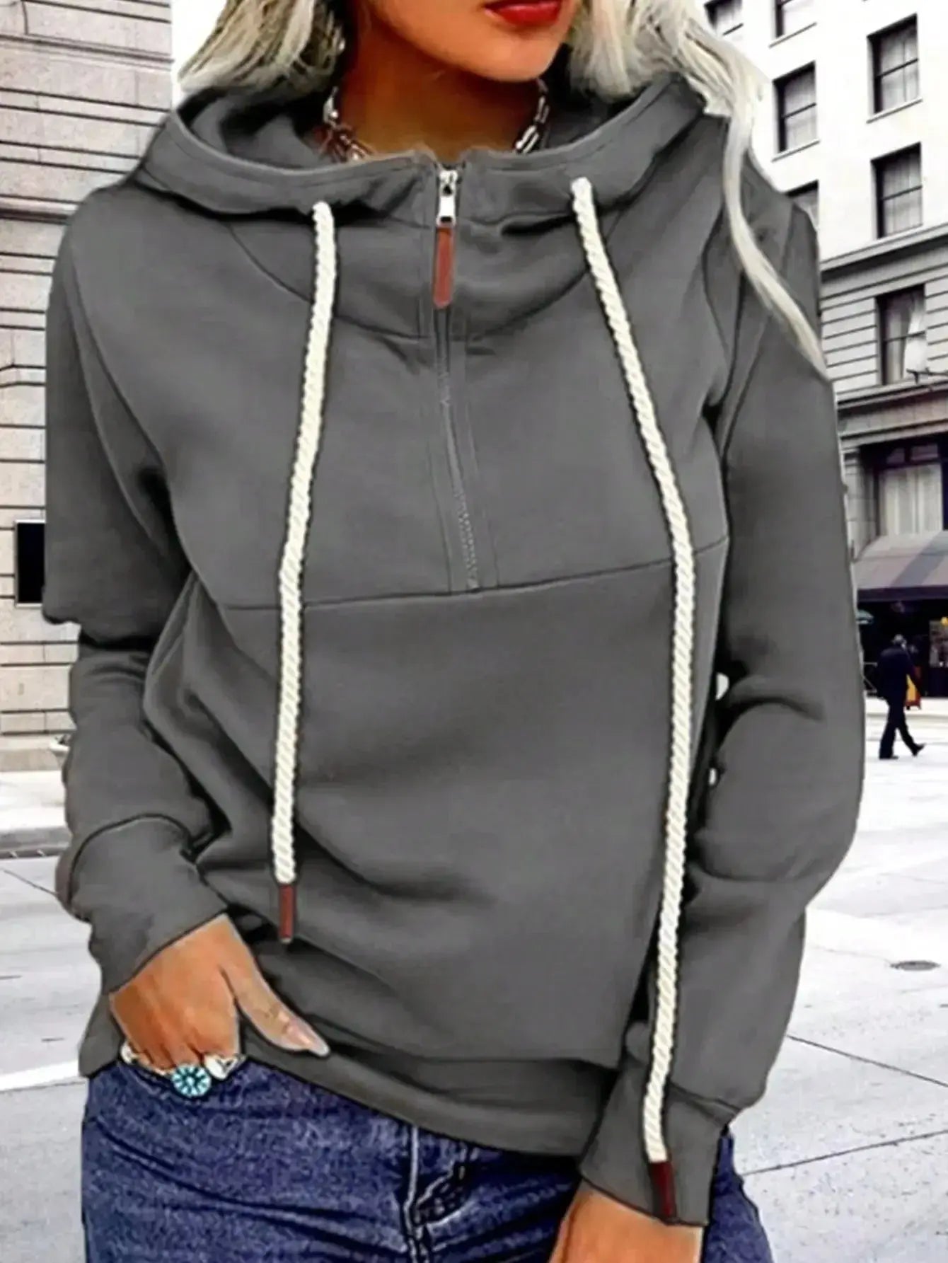 Modern split collar zip-up hoodie sweatshirt for women by Plush Fashion Hub, featuring a stylish split collar design and comfortable fit.