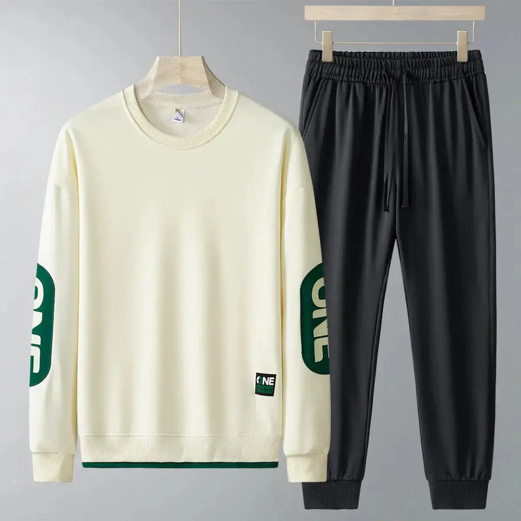Men's casual sweatshirt and trousers two-piece tracksuit set from Plush Fashion Hub, featuring a comfortable spring-autumn style.