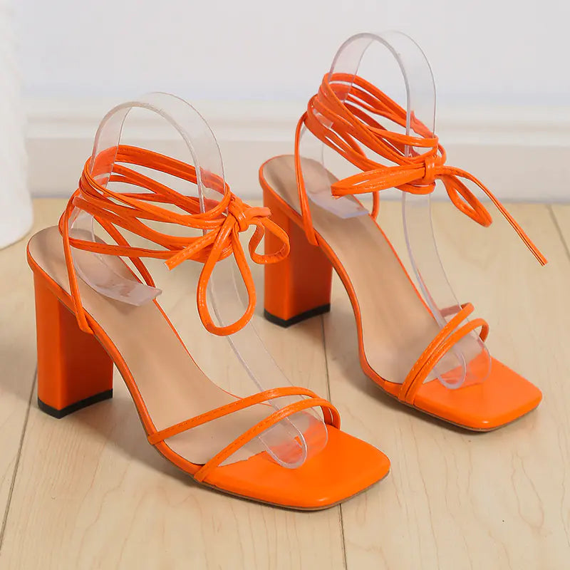 Women's simple square head strappy high heels in black, featuring a sleek design and stiletto heel, from Trendy Attic Store01.