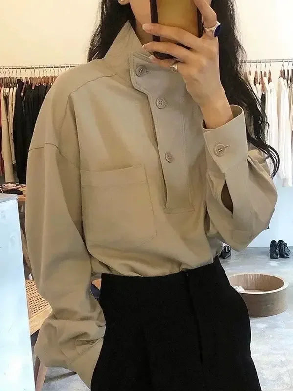 Stand Collar Oblique Button Solid Color Shirt Top - Plush Fashion Hub