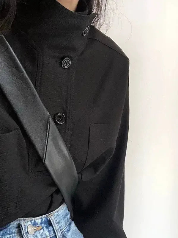 Stand Collar Oblique Button Solid Color Shirt Top - Plush Fashion Hub