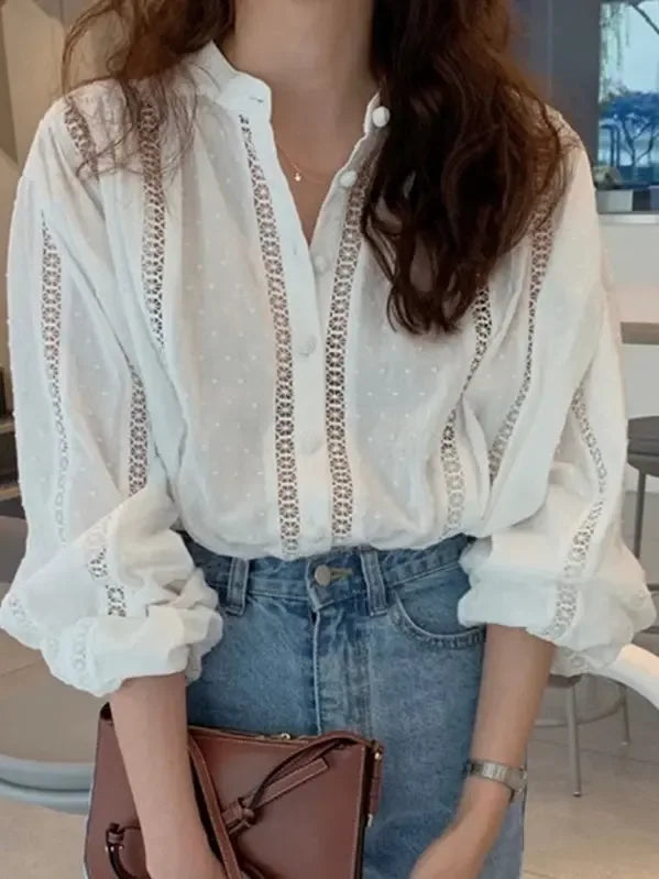 Stand-up Collar Crochet Lace Single-Breasted Long-Sleeved Shirt - Plush Fashion Hub