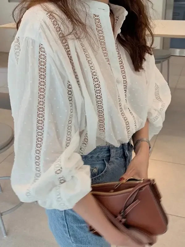 Stand-up Collar Crochet Lace Single-Breasted Long-Sleeved Shirt - Plush Fashion Hub