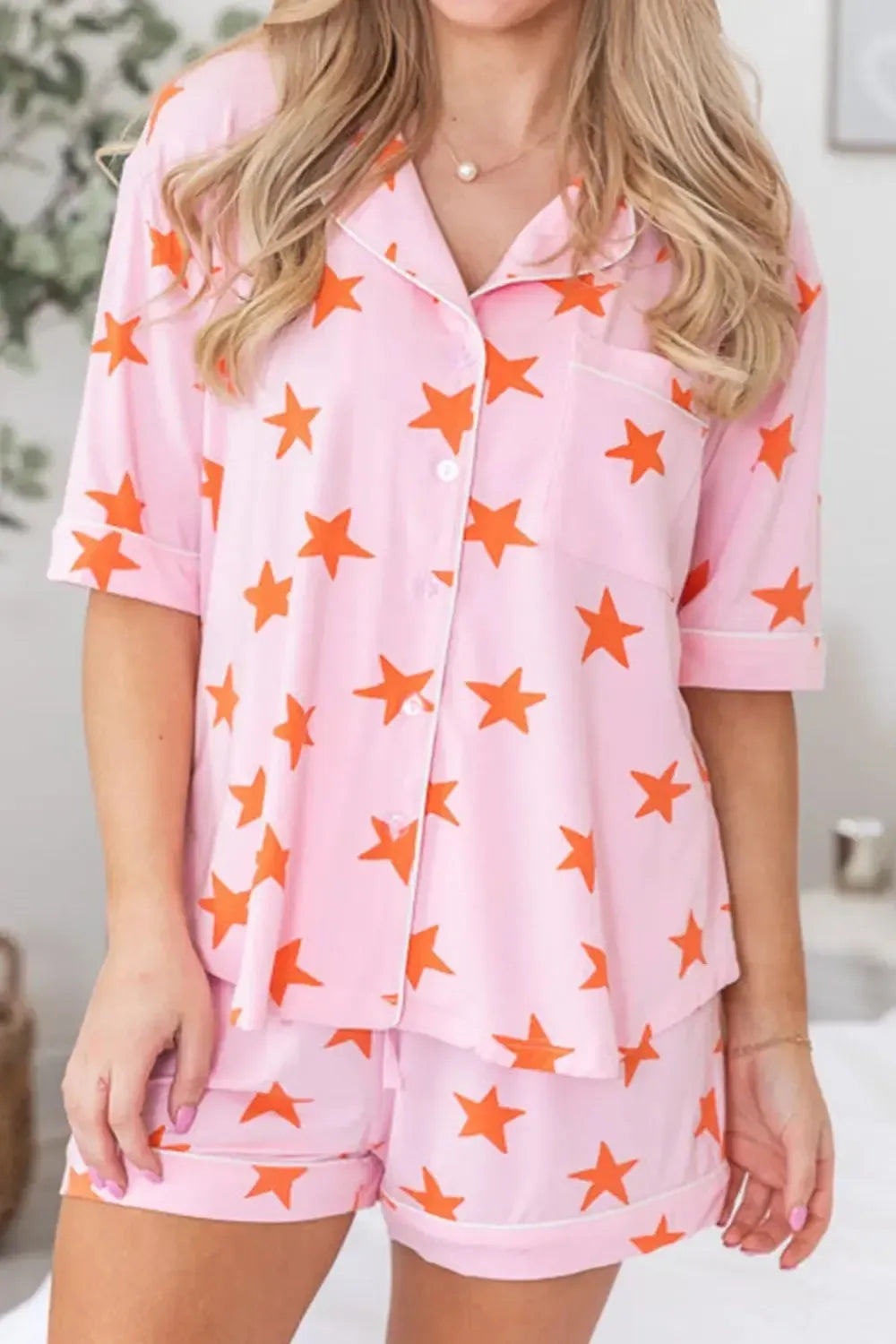 Star Print Short Sleeve Shirt and Shorts Set - Plush Fashion Hub