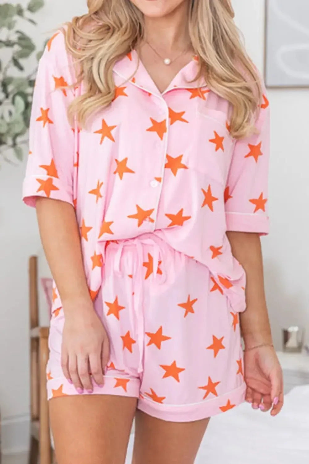 Star Print Short Sleeve Shirt and Shorts Set - Plush Fashion Hub