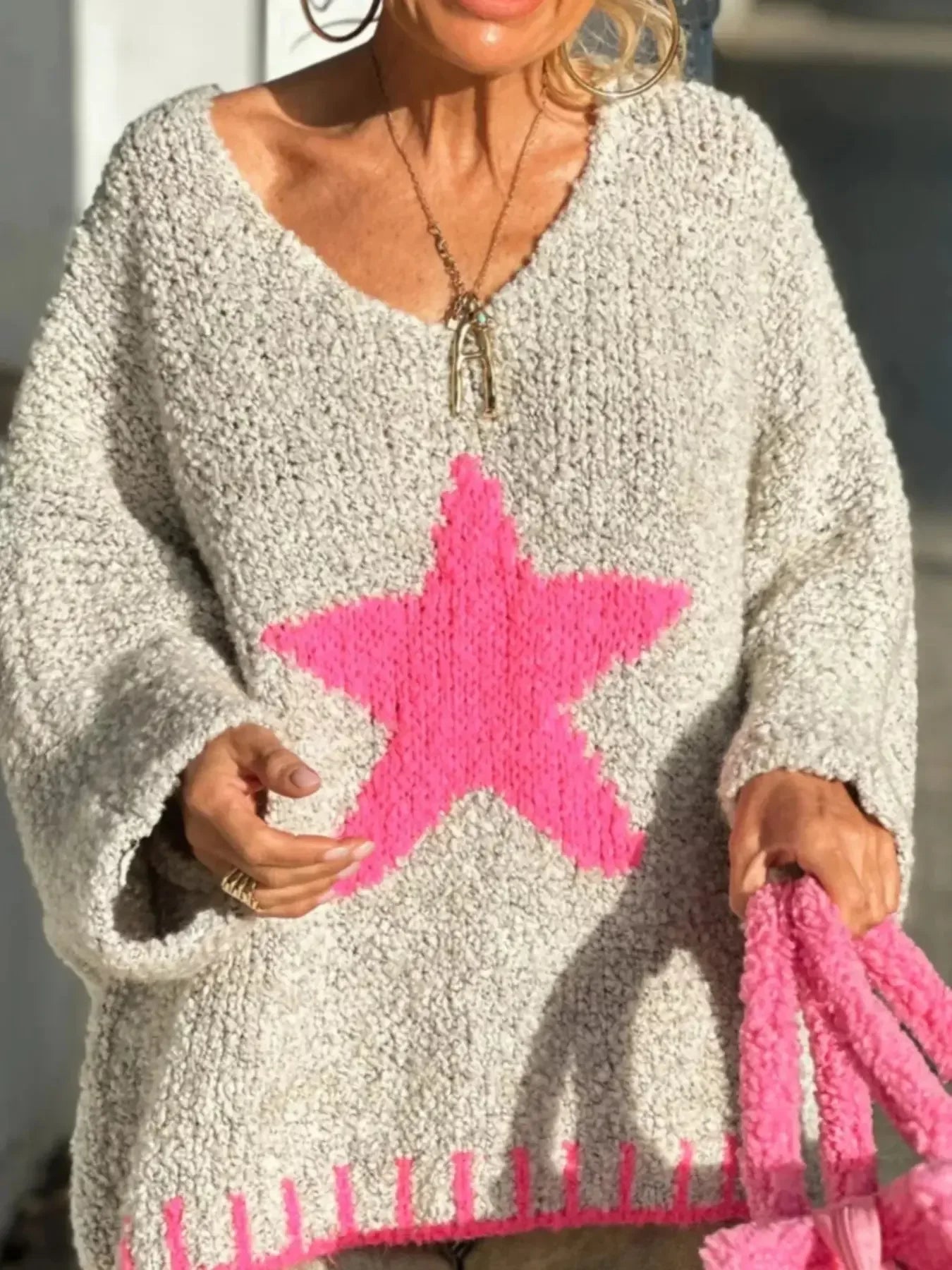 Star V-Neck Long Sleeve Sweater - Plush Fashion Hub