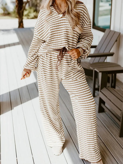 Stripe Collared Top and Drawstring Pant Set - Plush Fashion Hub