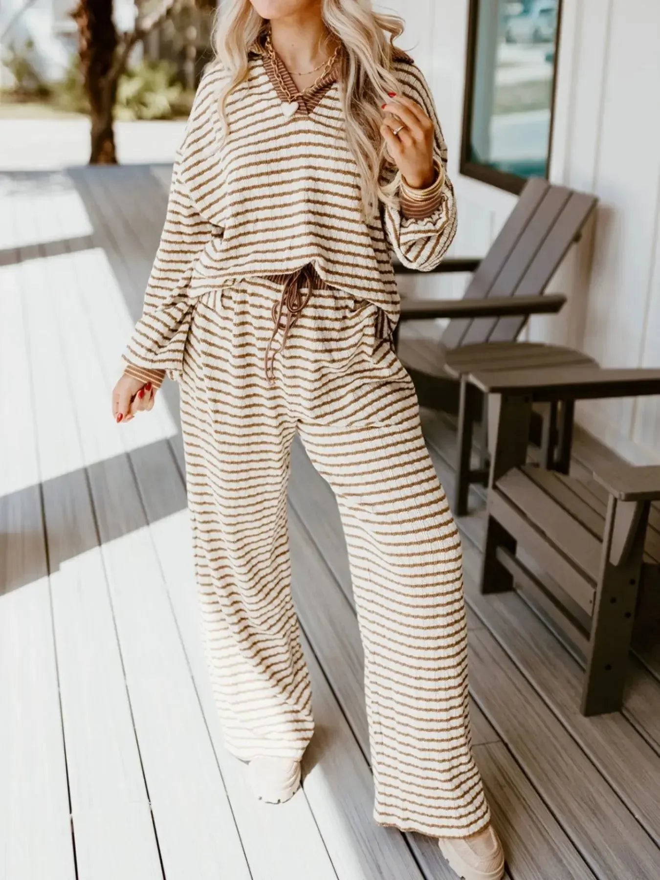 Stripe Collared Top and Drawstring Pant Set - Plush Fashion Hub