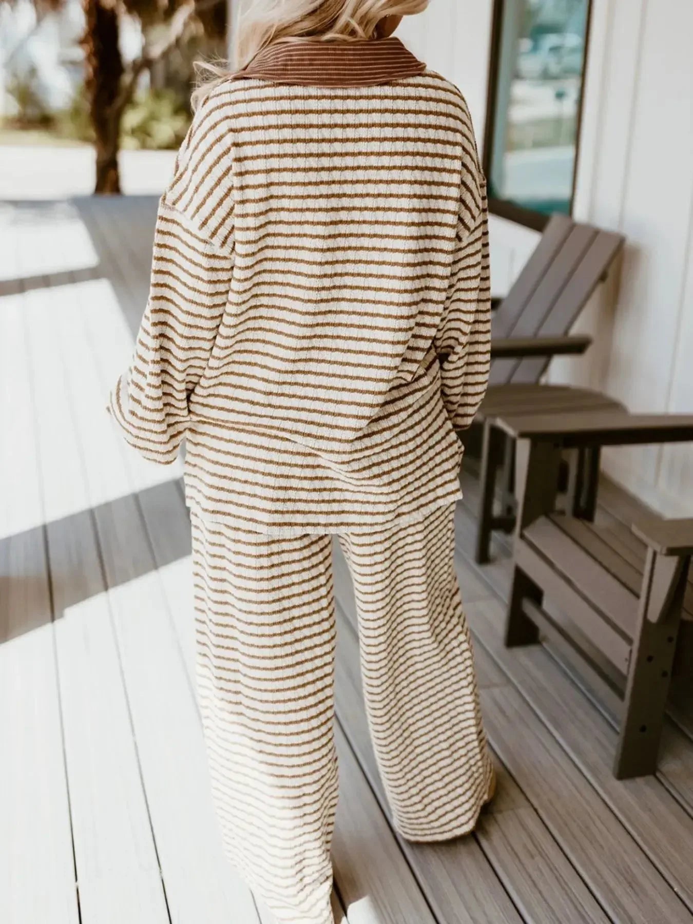 Stripe Collared Top and Drawstring Pant Set - Plush Fashion Hub