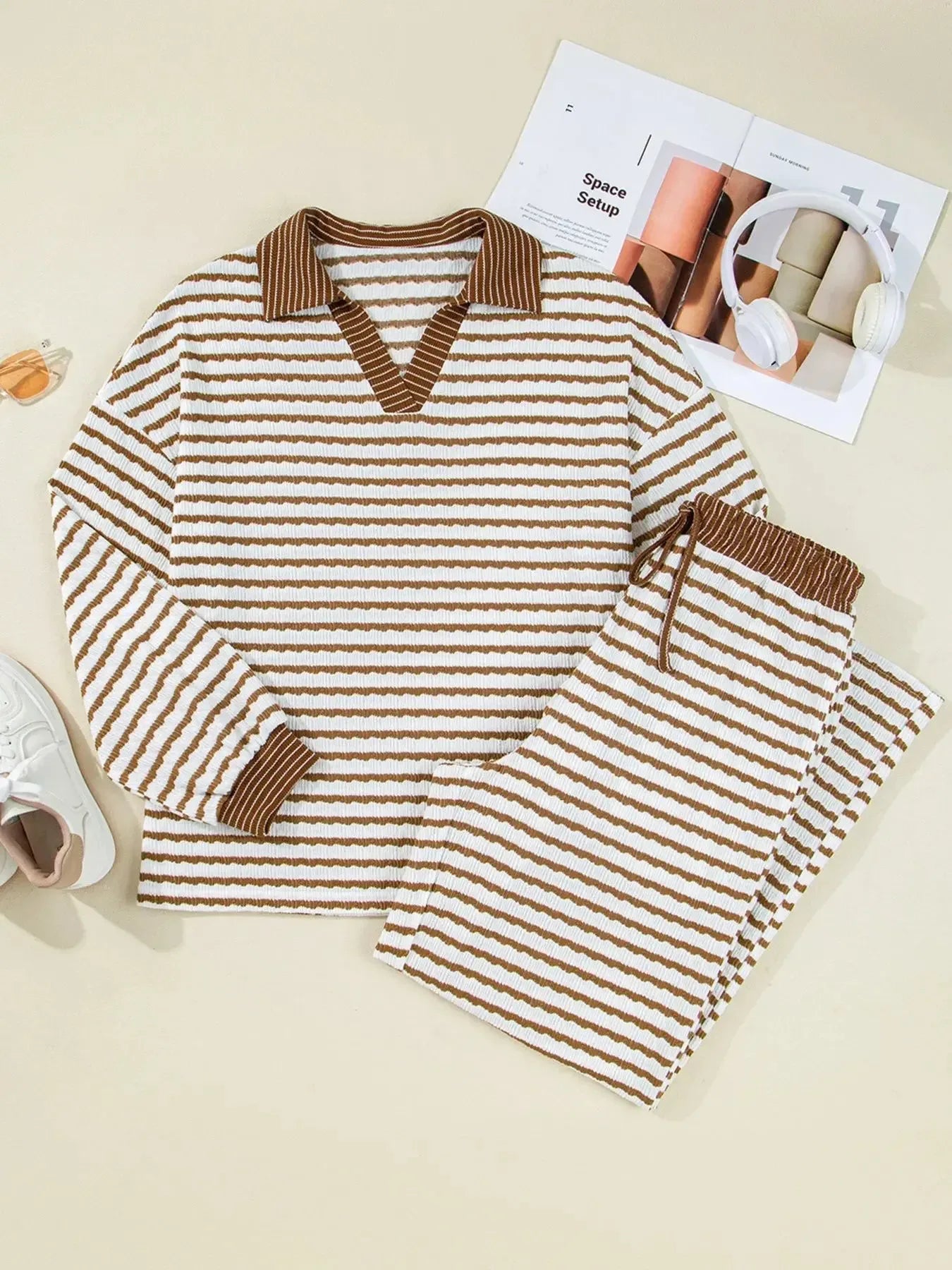 Stripe Collared Top and Drawstring Pant Set - Plush Fashion Hub