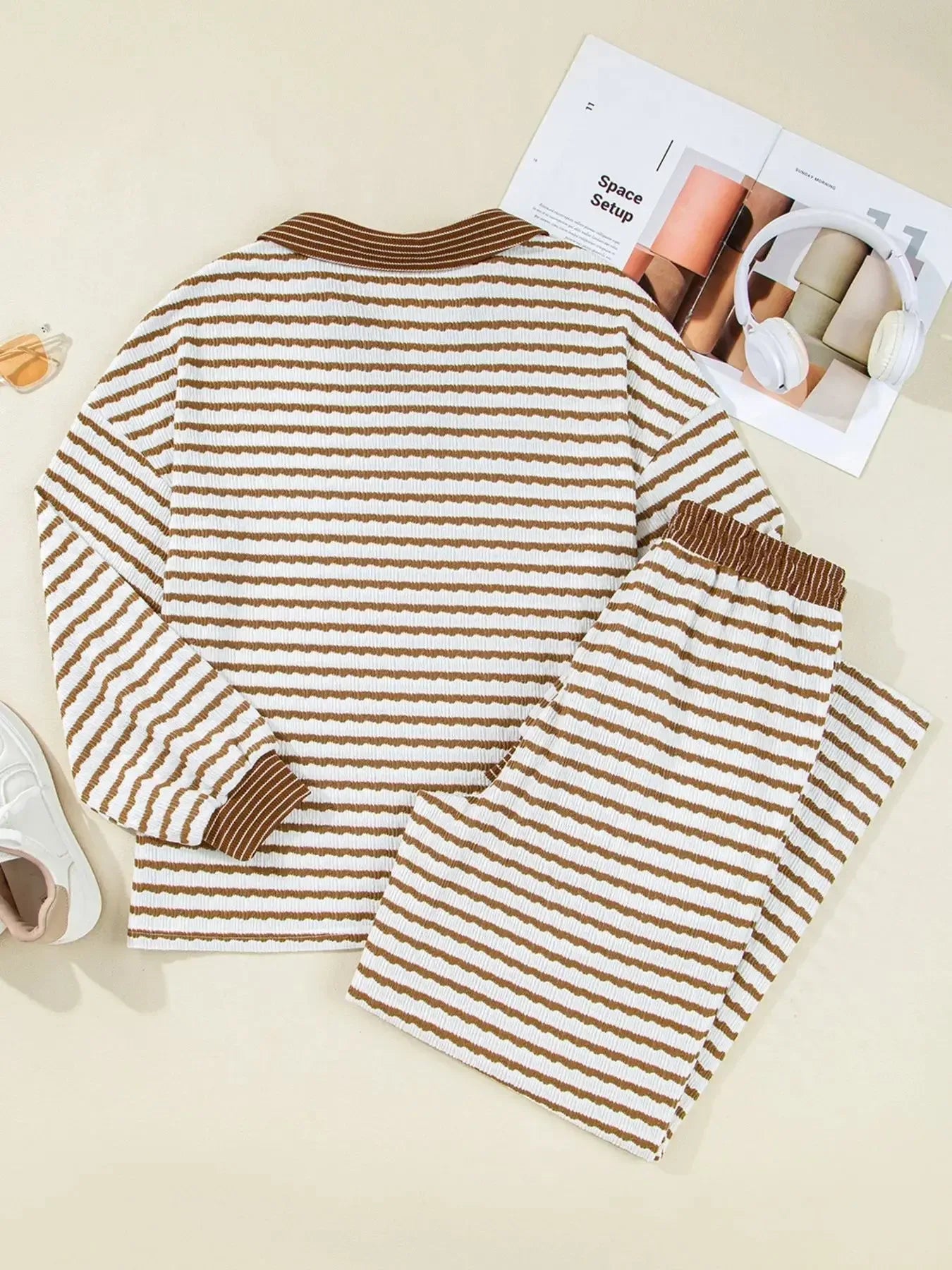 Stripe Collared Top and Drawstring Pant Set - Plush Fashion Hub