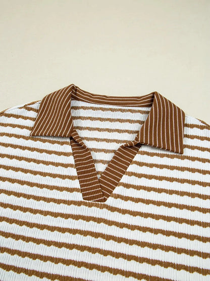 Stripe Collared Top and Drawstring Pant Set - Plush Fashion Hub