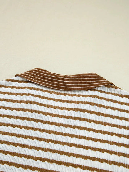 Stripe Collared Top and Drawstring Pant Set - Plush Fashion Hub