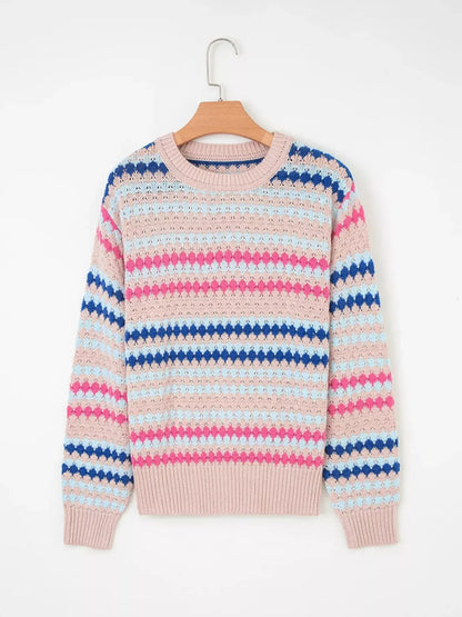 Stripe Eyelet Patterned Drop Shoulder Sweater - Plush Fashion Hub