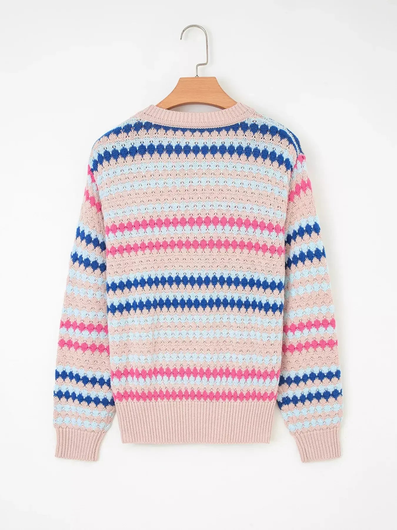 Stripe Eyelet Patterned Drop Shoulder Sweater - Plush Fashion Hub