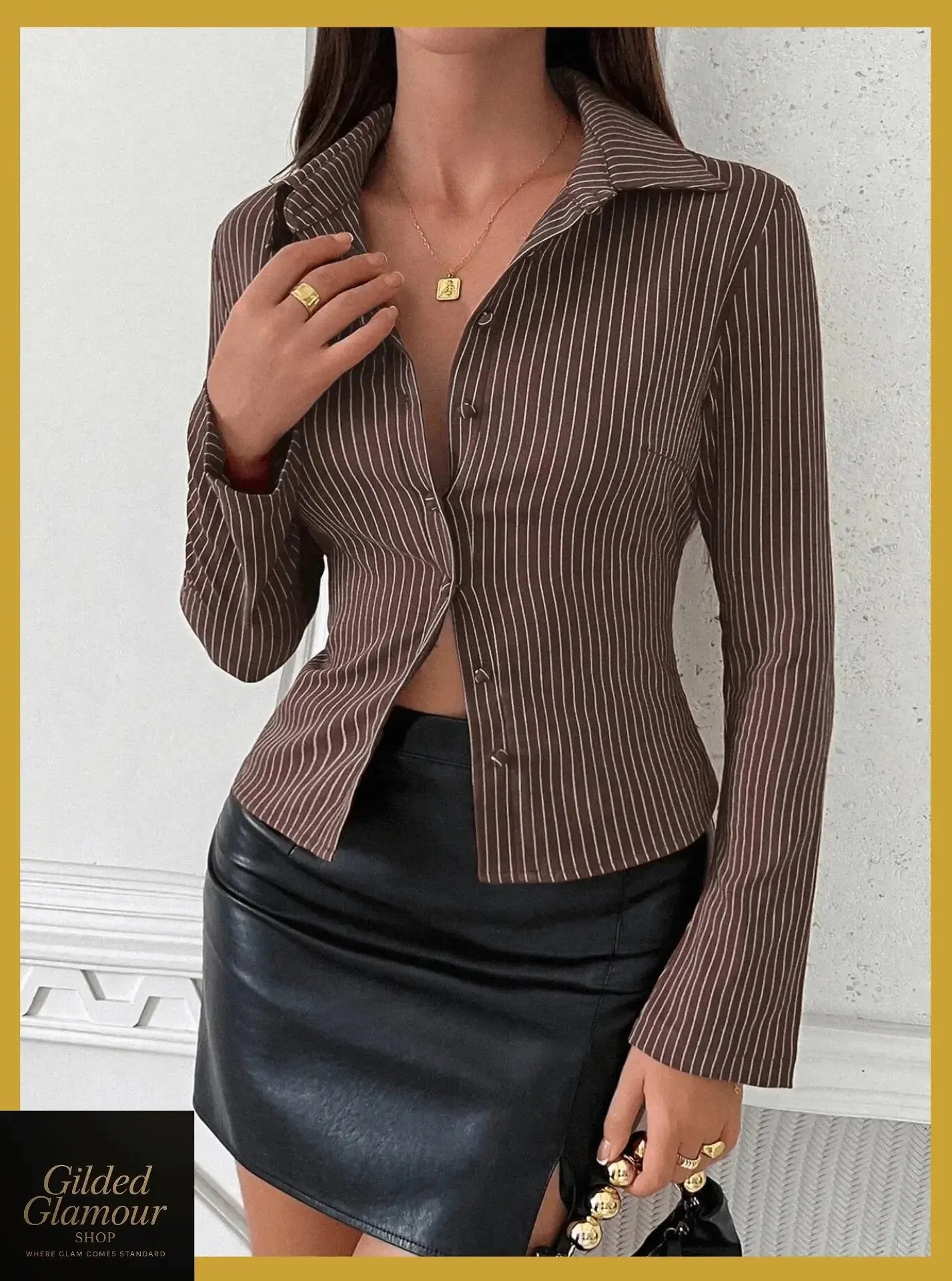 Gilded Glamour Shop classic striped long sleeve button-up shirt, versatile workwear with a comfortable fit and stylish design.